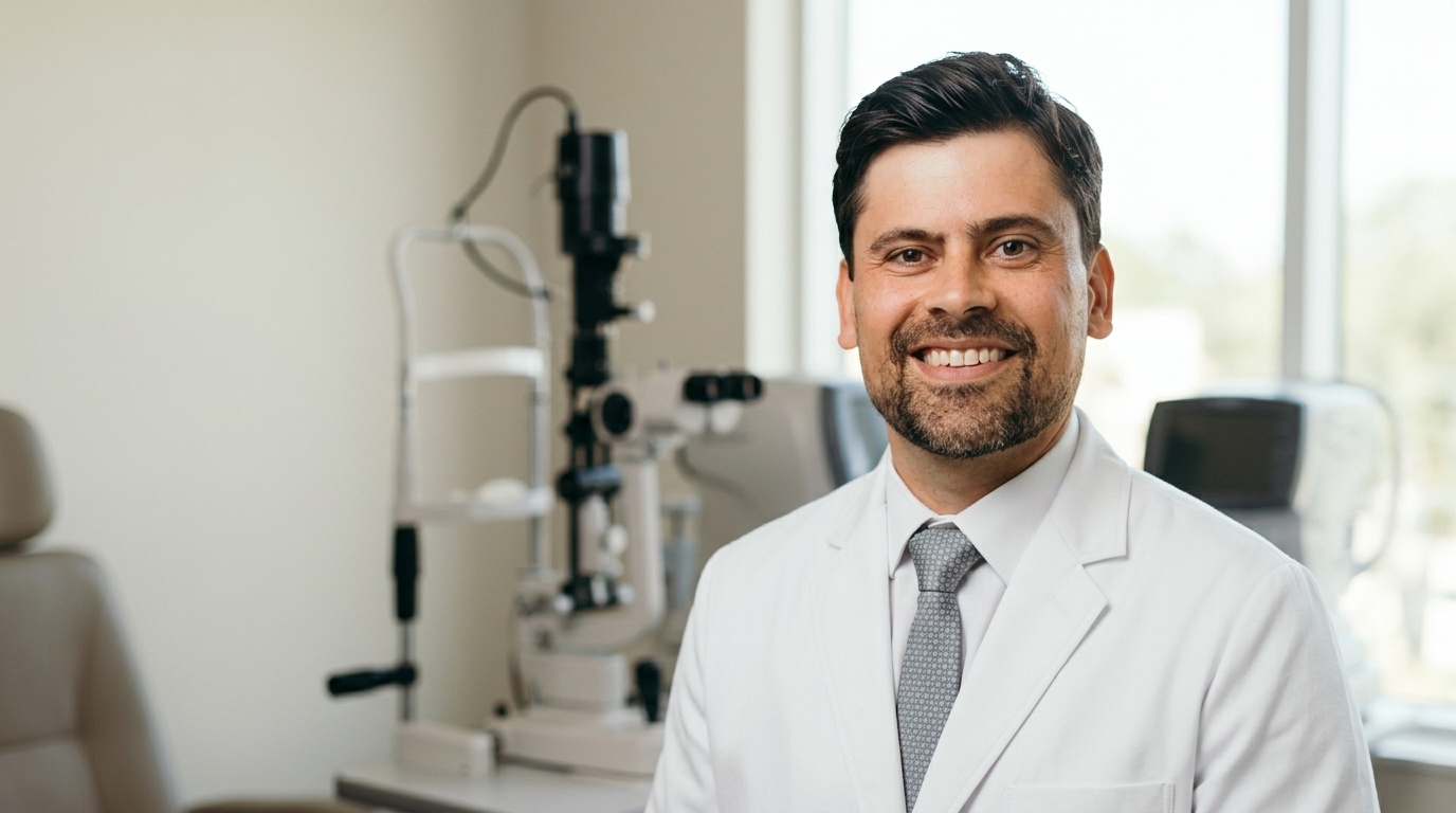 Dr. Marcus Felipe sorrindo, de jaleco branco, em frente a uma lâmpada de fenda no consultório.