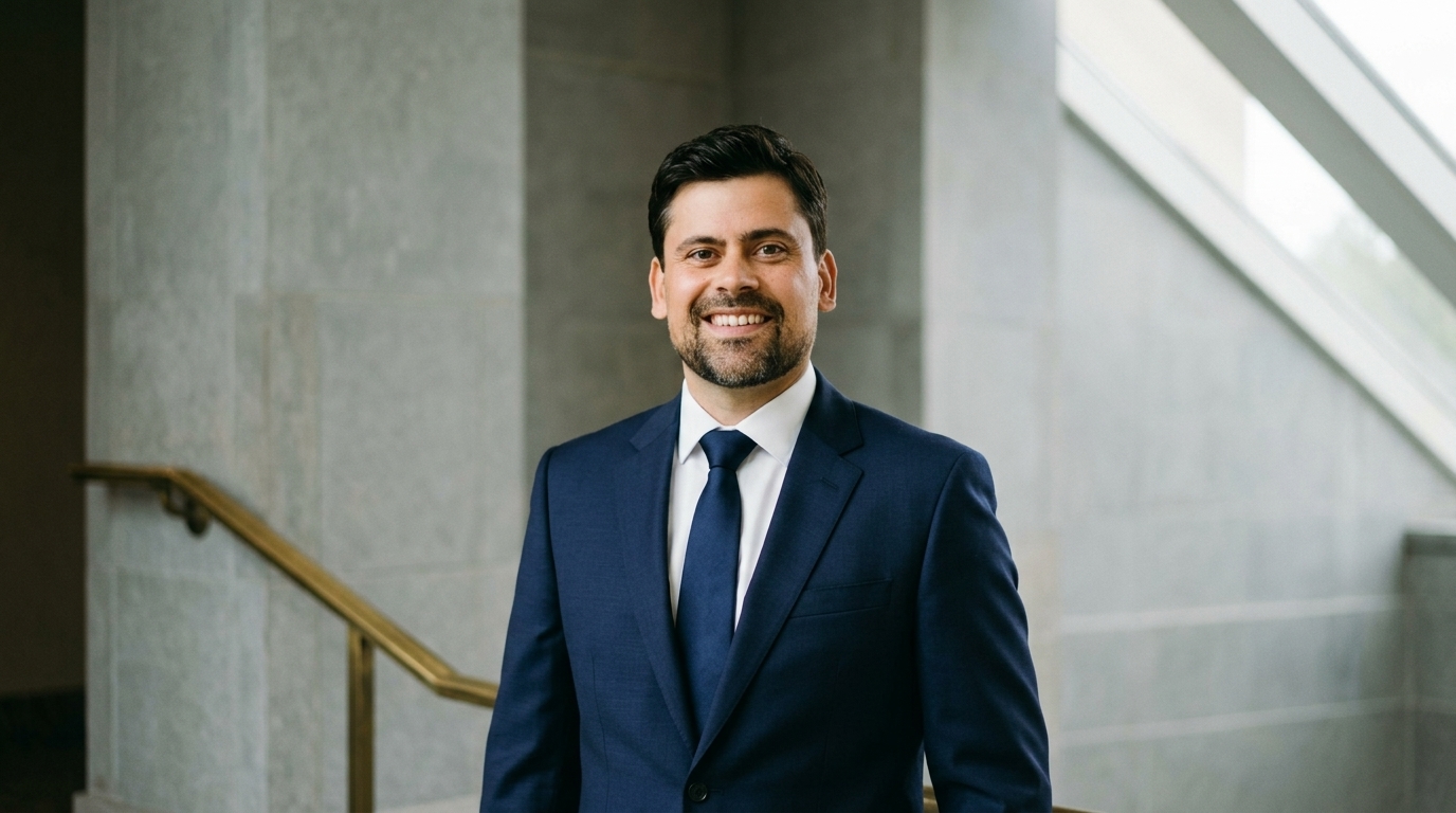 Dr. Marcus Felipe, de terno azul-marinho, sorrindo em um corredor de pedra clara.